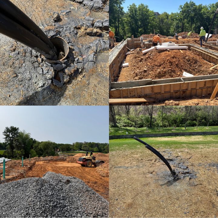 Four views of geothermal installation at Strathmore View: loop pipe emerging from a borehole, foundation formwork, site grading, and a finished loop stub