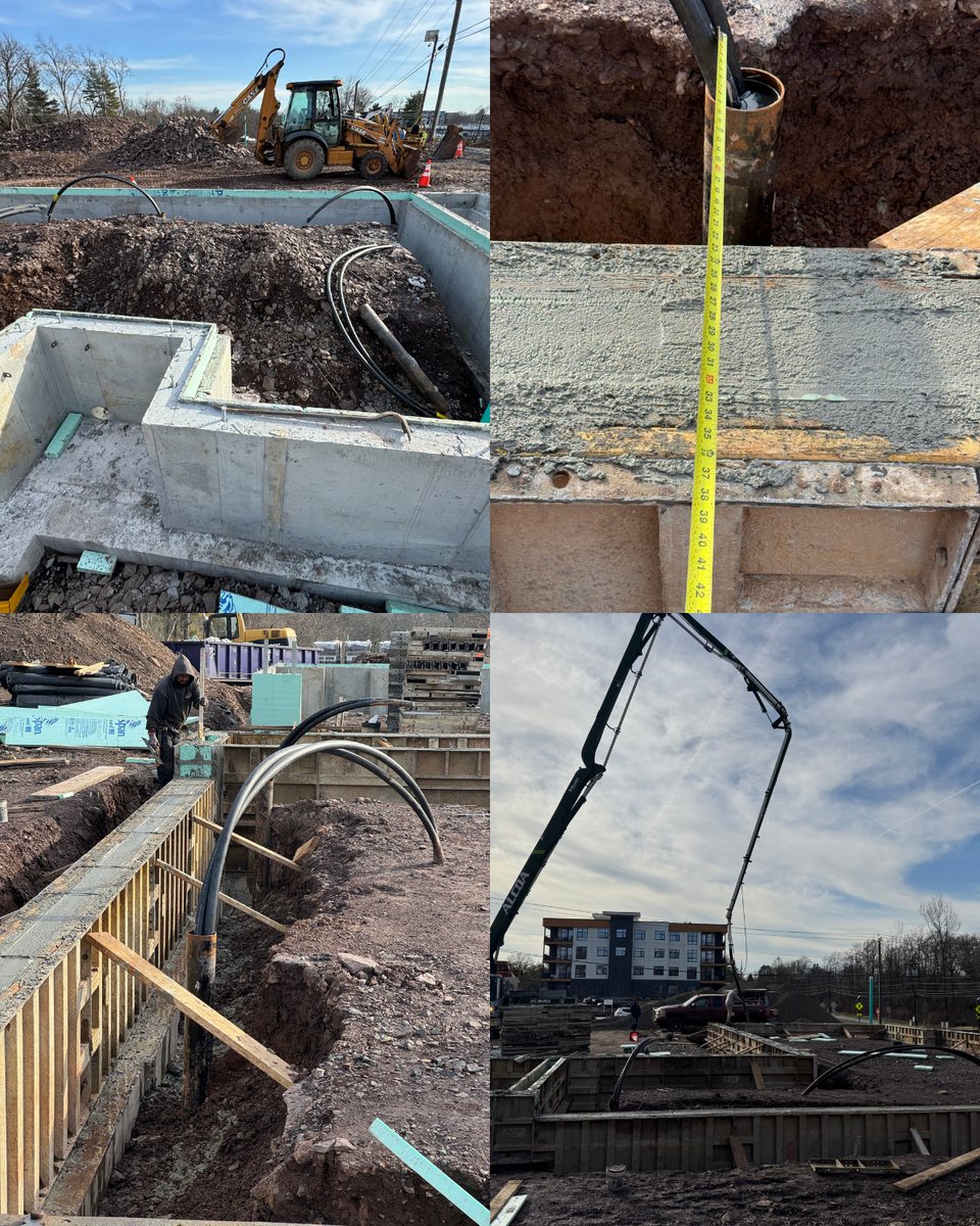 Four views of geothermal work at Magnolia Square: loop pipes in foundation forms, a measured borehole casing, and a concrete pump over the site