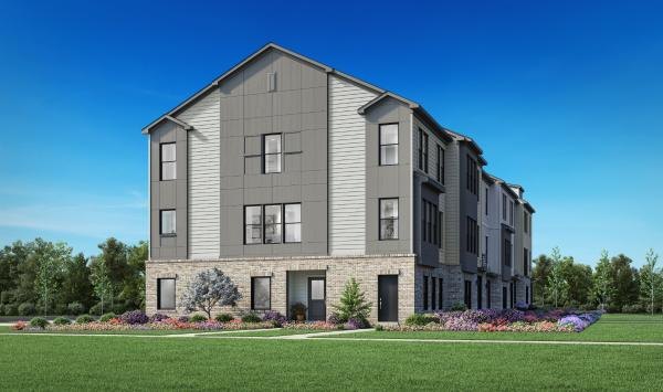 Rendering of three-story townhomes at Magnolia Square with gray siding and a brick base
